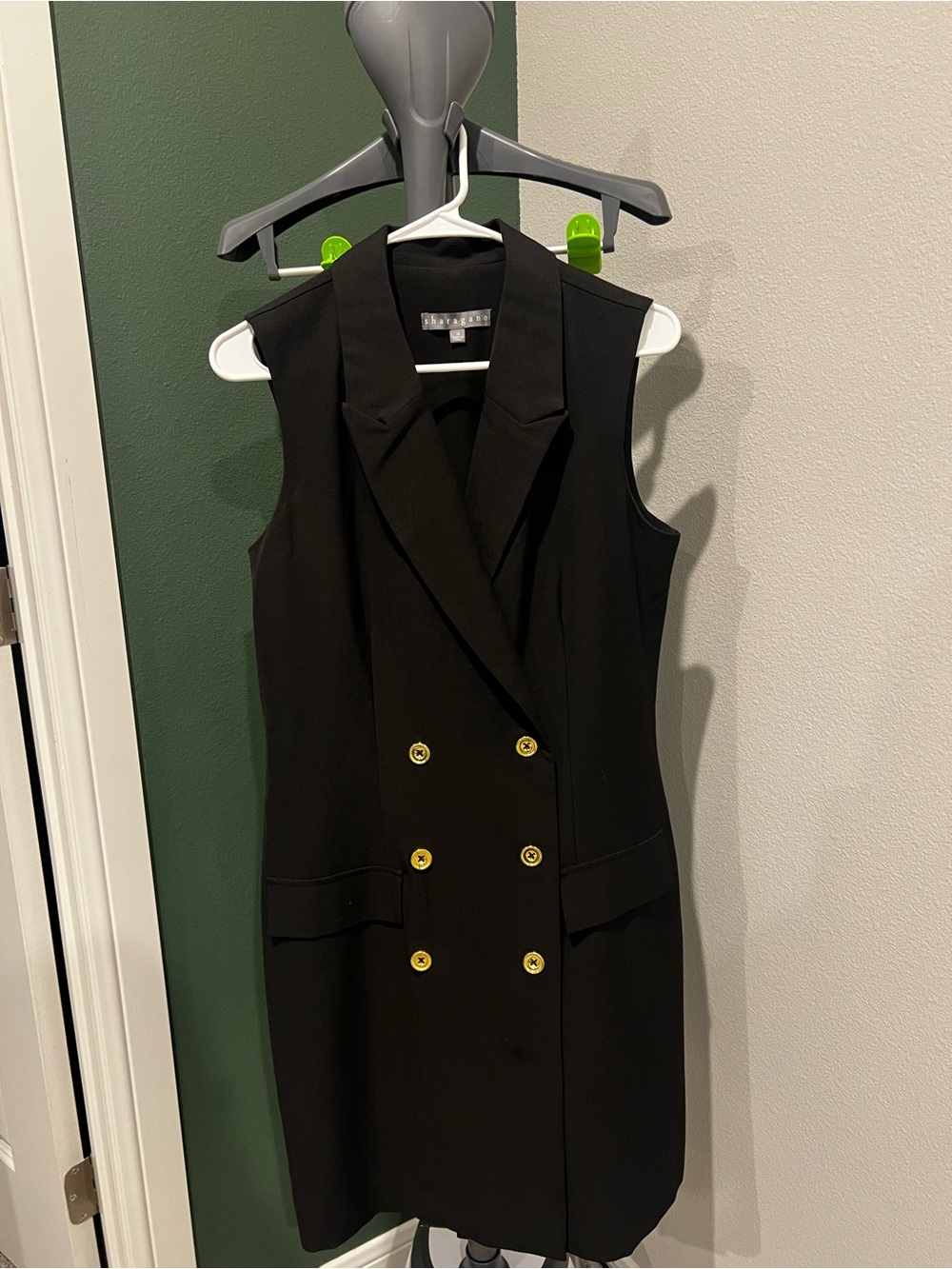 Sharagano Black Sleeveless Double-Breasted Midi Dress with Gold Buttons